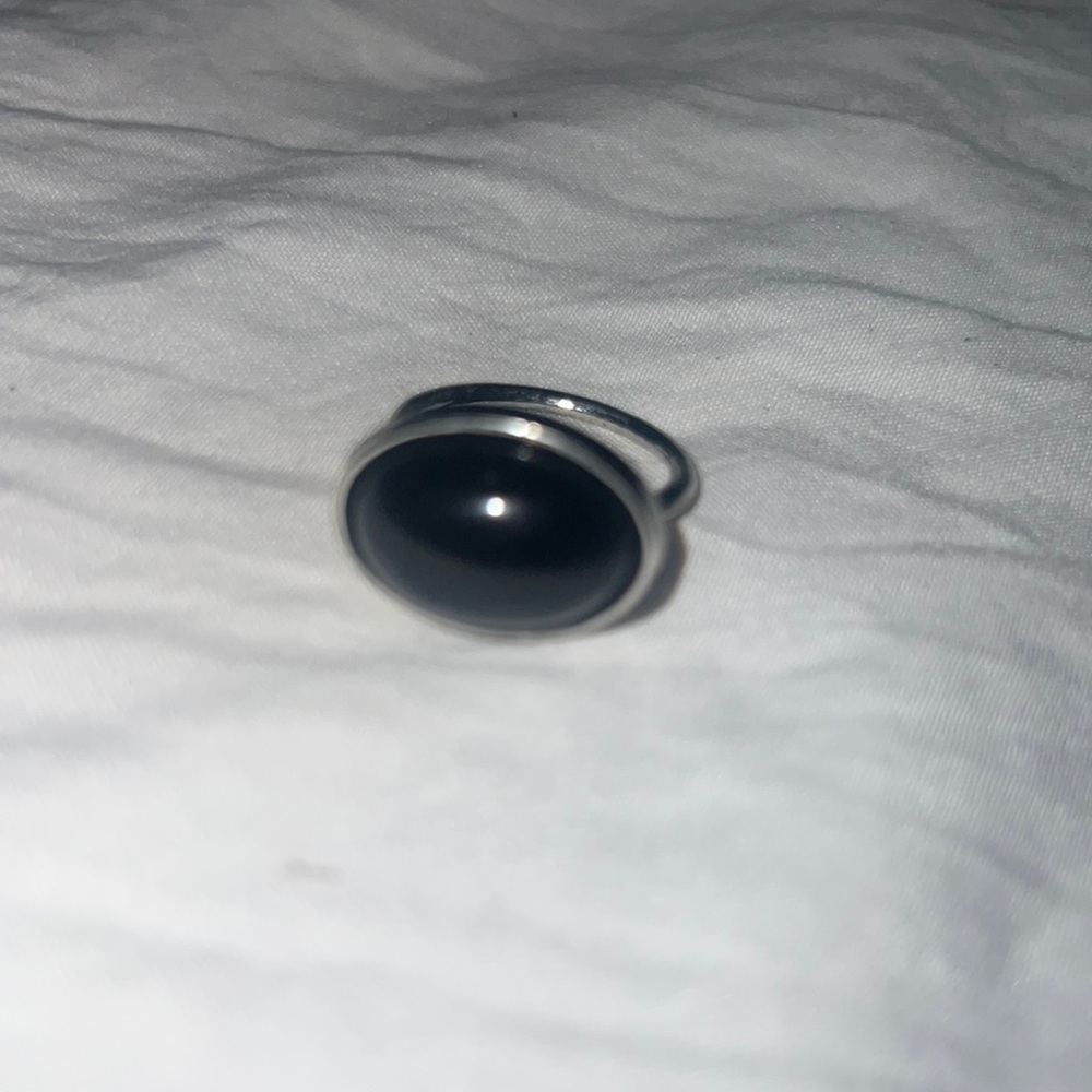 Black Stone Silvertone Ring 7